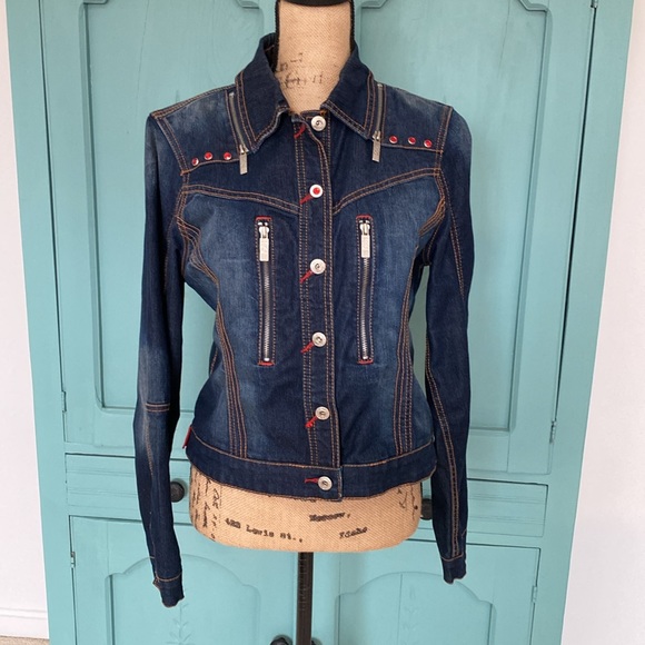 Eckored Jean Jacket. Large. Blue with zippered detail and red jeweled accents - Picture 2 of 9